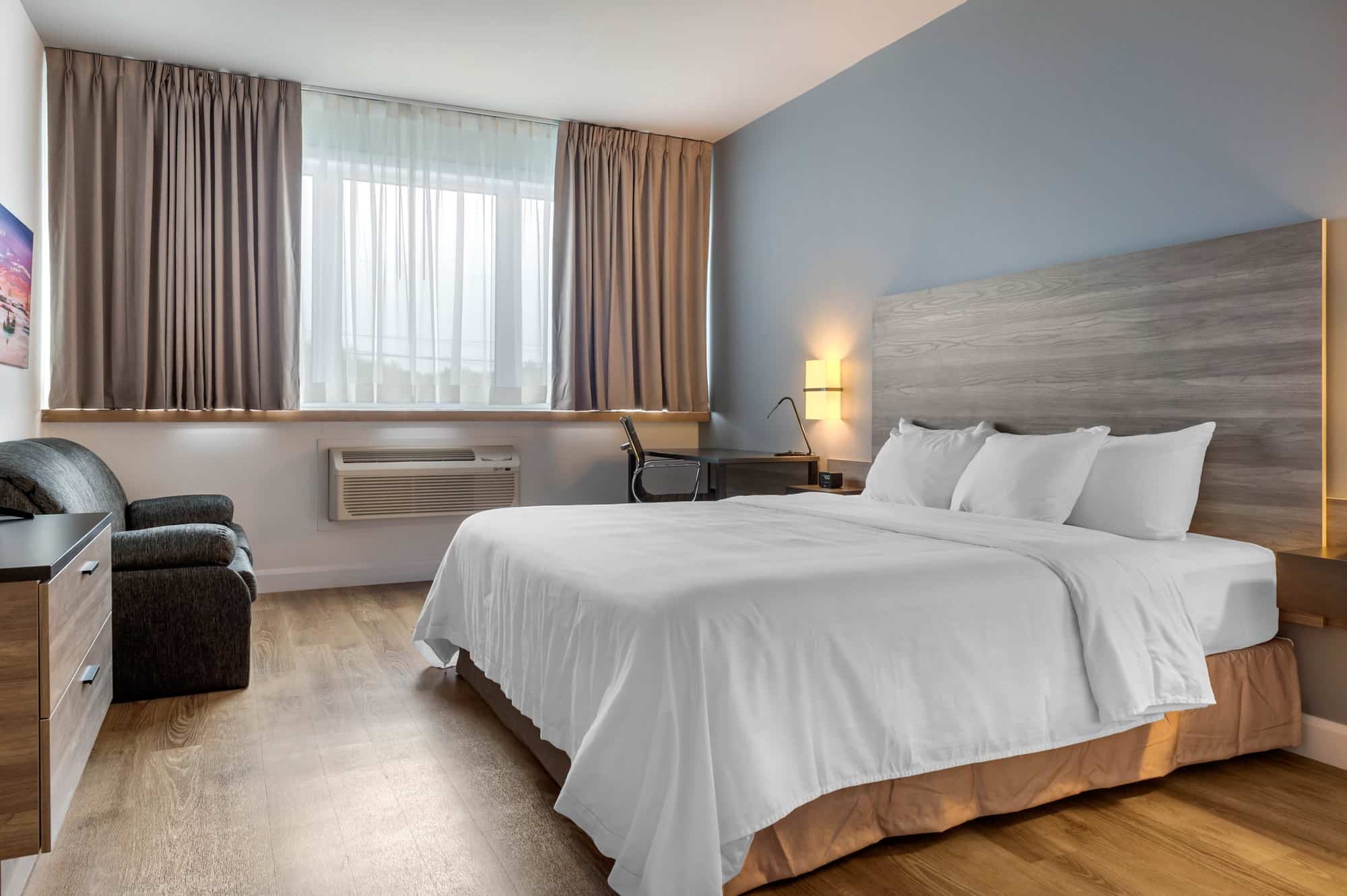 Hotel room with one king size bed